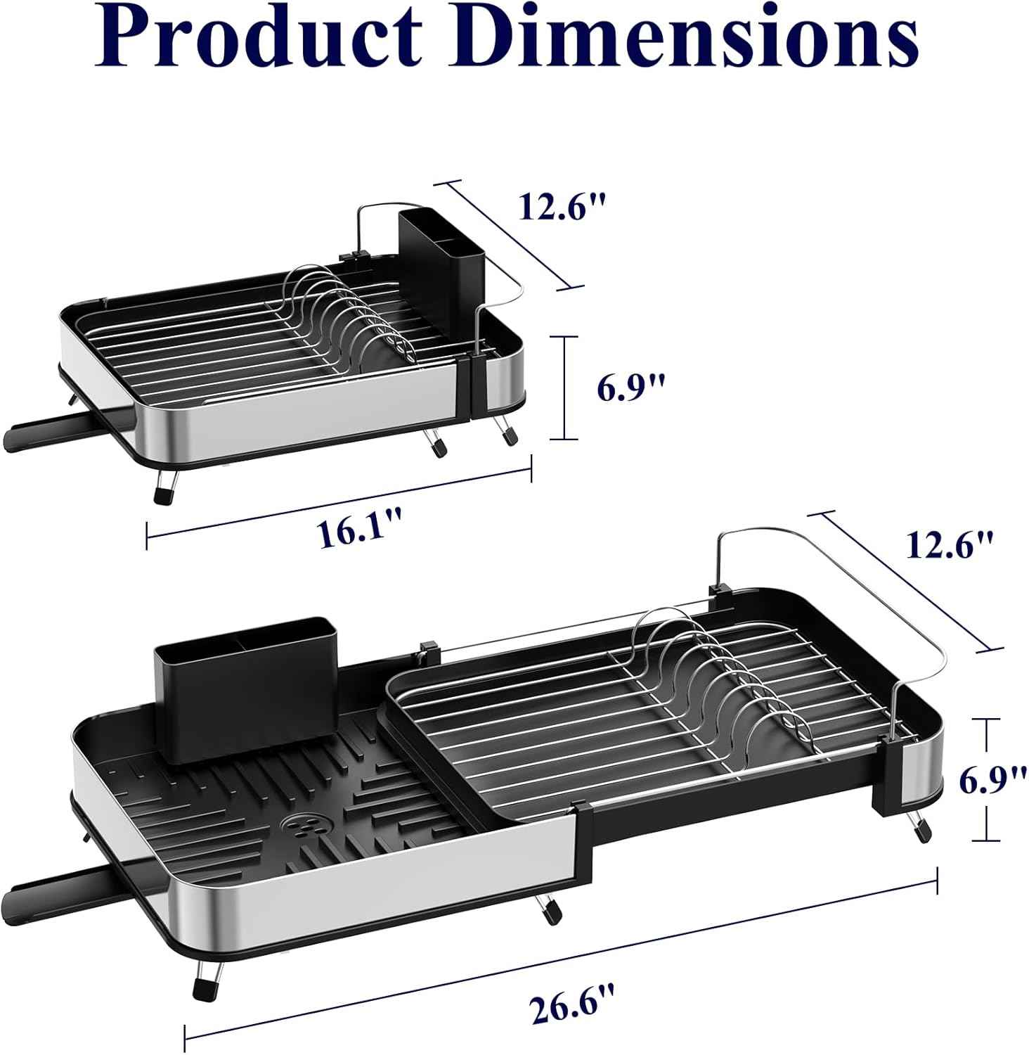 Kitsure Dish Drying Rack - Expandable Stainless Steel Dish Racks for Kitchen Counter, Auto-Drain Drying Rack for Kitchen with Cutlery Holder & Non-Slip Feet, 16.1-26.6" L x 12.6" W, Black