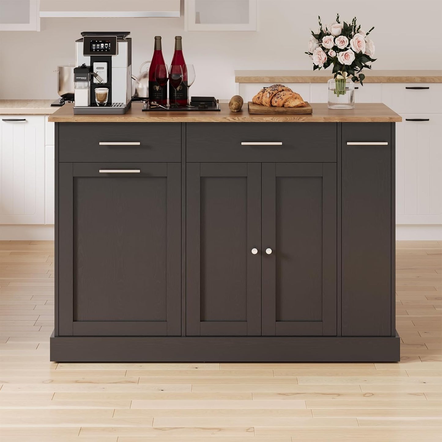 4 EVER WINNER Kitchen Island with Trash Can, 53" Rolling Kitchen Island with Storage and 3-Large Spice Racks, Portable Kitchen Island with Adjustable Shelves, Black