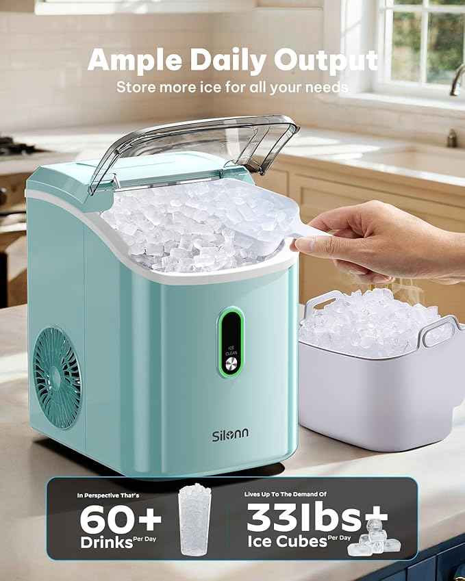 Silonn Nugget Ice Maker Countertop, Pellet Ice Machine with Self-Cleaning Function, Sonic Ice Maker Produces 33lbs of Chewable Ice in 24 Hours, Ideal for Home Kitchen and Office (Green)