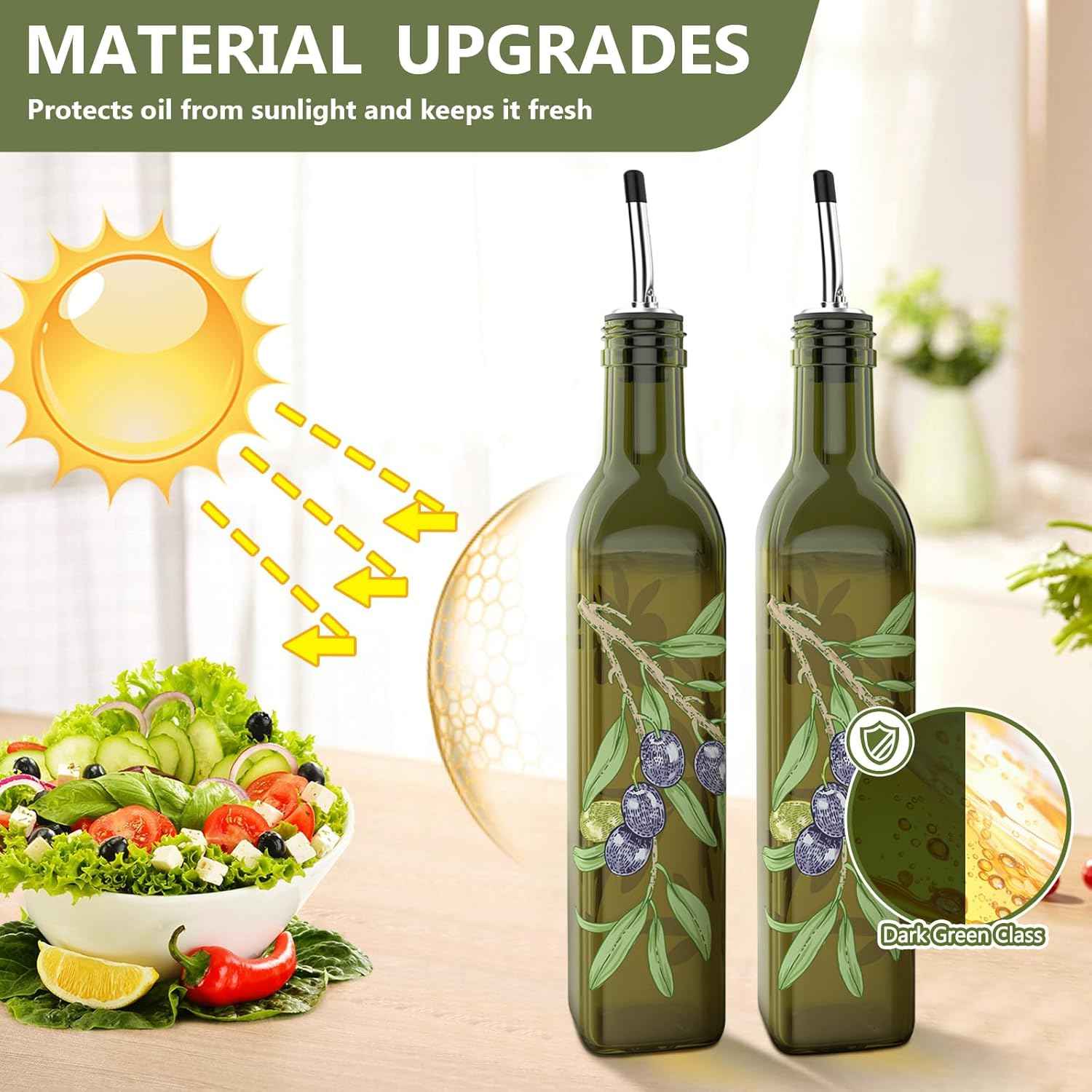 COOLMI Oil and Vinegar Dispenser Set - 17oz/500ML Premium Glass Olive Oil Dispenser Bottles for Kitchen, Oil Dispenser for Kitchen (Olive)