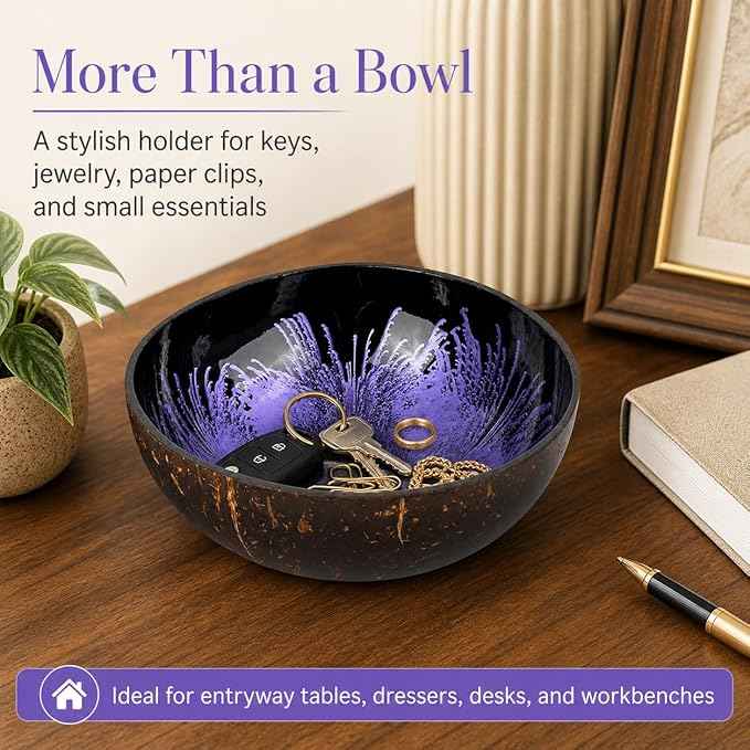 ChezMax Natural Coconut Bowl Mother of Pearl Inlaid Shell Bowls Key Bowl for Entryway Table Candy Container Nuts Holder Fruits & Dry Snack Storage Bowl Round Handcrafted Bowl for Decoration