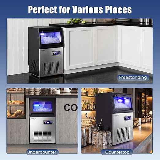 COSTWAY Commercial Nugget Ice Maker Machine, 90 Lbs/24H Chewable Pellet Ice, 10 Lbs Storage Bin, Self-Cleaning, Under Counter Soft Sonic Ice Machine for Office Kitchen Bar Cafe, Stainless Steel