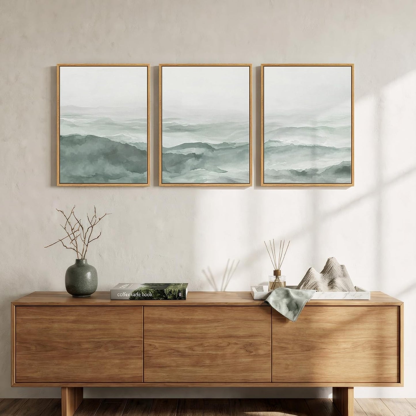 Framed Pastel Green Landscape Wall Art Bedroom, 3 Piece Minimalist Misty Mountain Scenery Canvas Artwork for Walls, Sage Green Paintings Prints Wall Decor for Living Room Home Office, 12x16 Inch