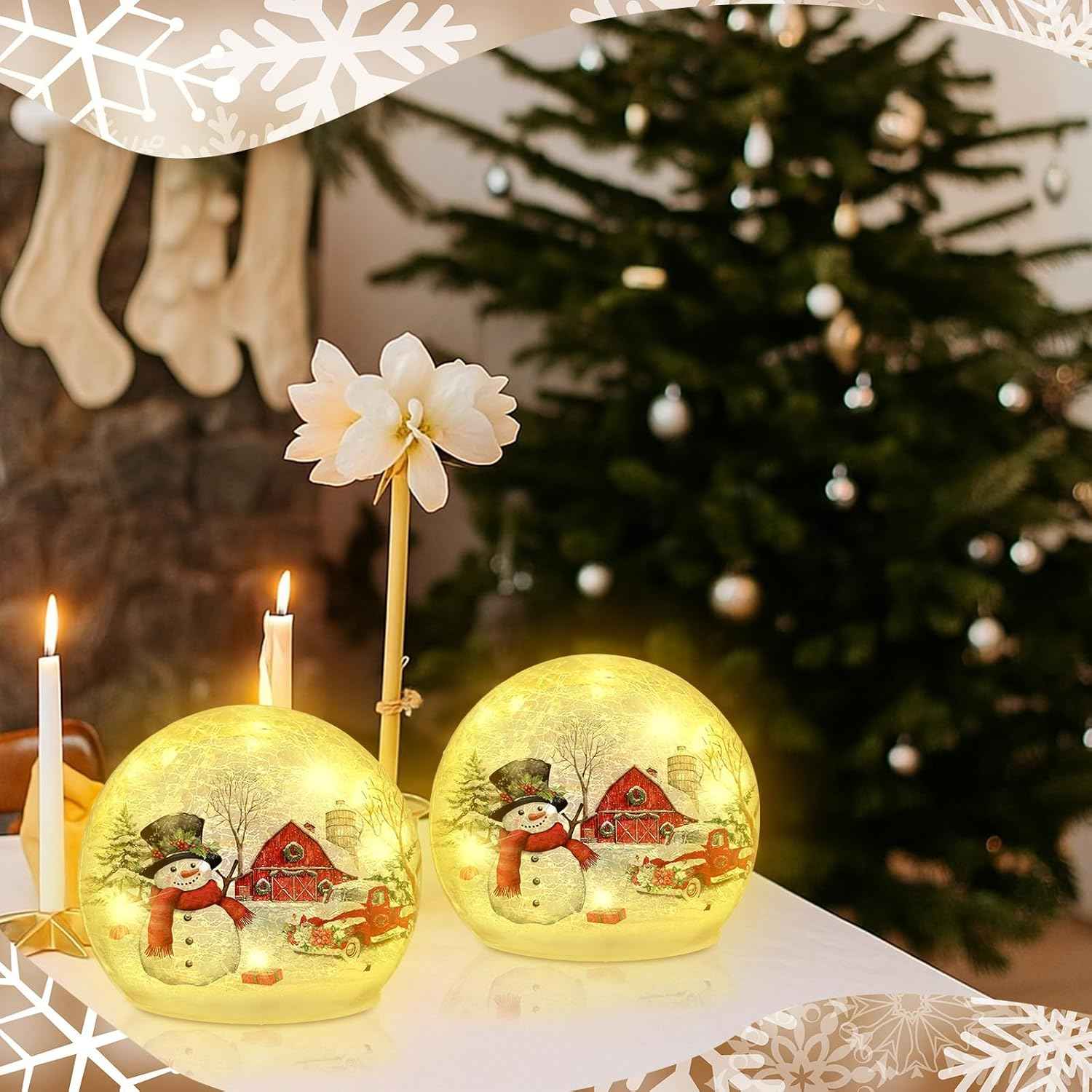 Tujoe 2 Pcs Christmas Decorations Indoor Snowman Crackle Glass Globe 4" Ball Lamp Night Lights with LED Timer Battery Operated Lighted Christmas Table Decorations for Home Centerpiece Party Gift
