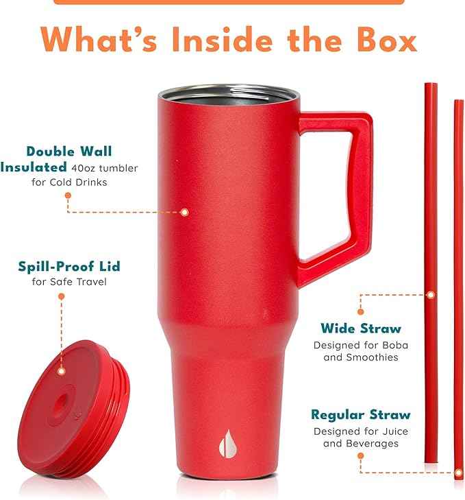 Elemental 40 oz Tumbler with Handle and Straw - Spill Proof Insulated Stainless Steel Commuter for Cold Beverages - Travel Coffee Mug with 2 Straws & Spill Proof Lid - 40oz - Red
