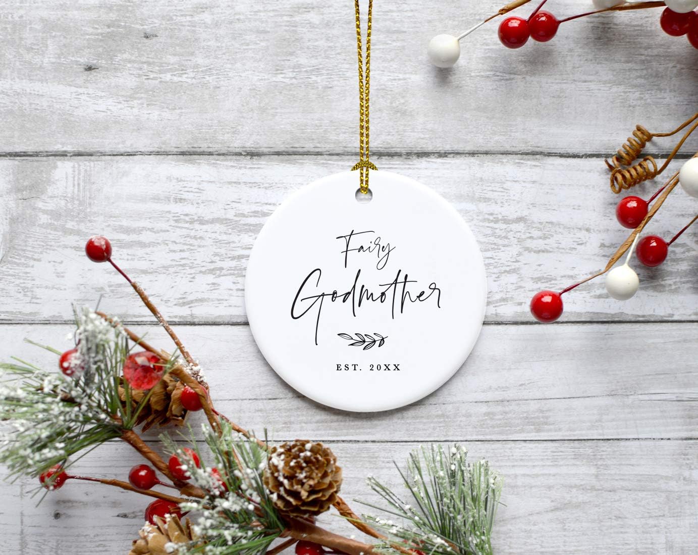 Andaz Press Custom Year Round Ceramic Porcelain Christmas Tree Ornament Keepsake Collectible Godmother Gift, Fairy Godmother Est. 2024, Antique Handdrawn, 1-Pack