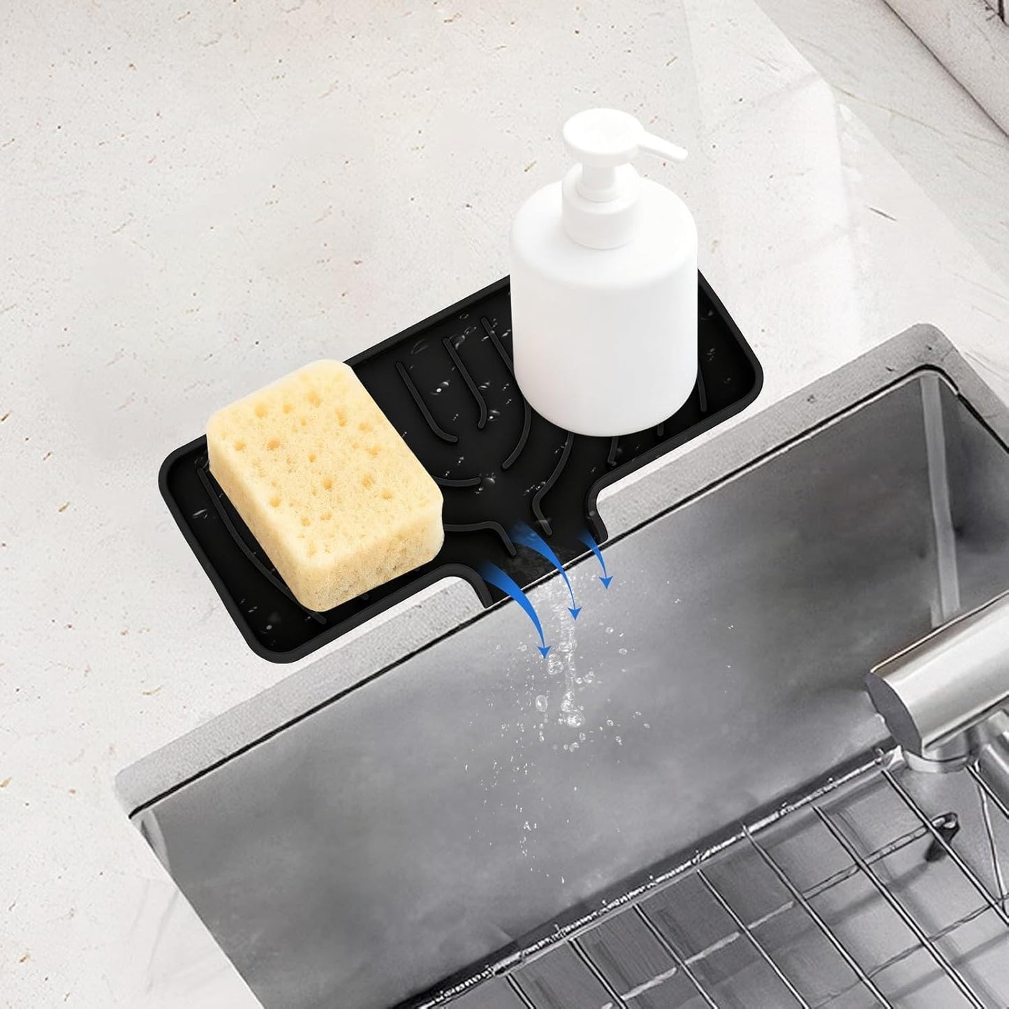 Silicone Sponge Holder for Kitchen Sink With Drain Spout, Self Draining, Kitchen Soap Tray, Bathroom Organizer, Sink Caddy (Black, 10×4)