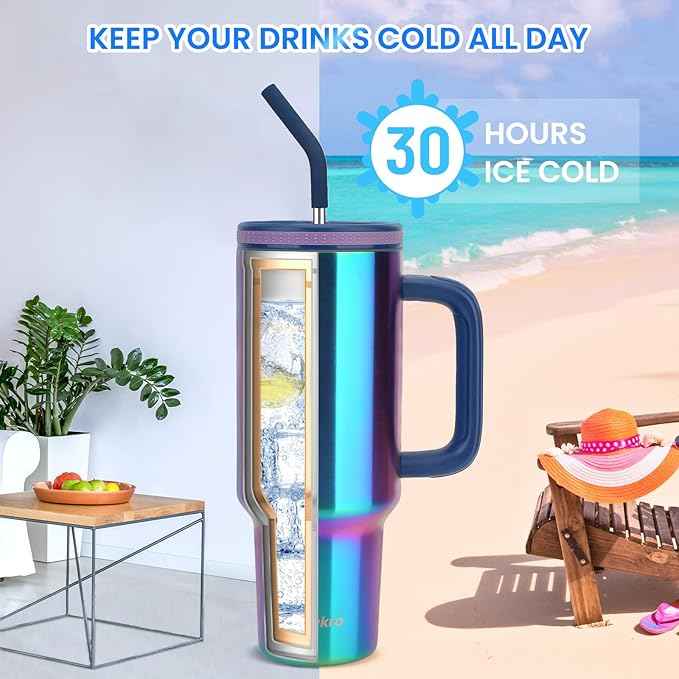 Zukro 40 oz Tumbler with Handle and Straw, Vacuum Insulated Stainless Steel Cup Fits in Cupholder for Travel, Home, Office - No Sweat & Keep Drinks Cold 24 Hours - BPA Free, Pink