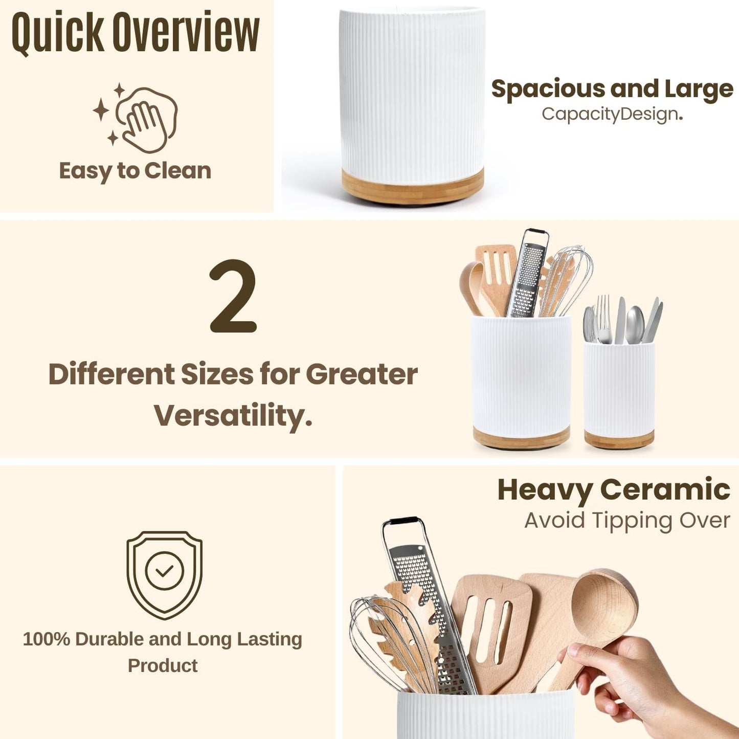 2 Pack Ceramic Utensil Holder, 7.3"+5.4" Large kitchen utensils holder for Countertop, 360° Rotating Cooking Utensil Crock for Kitchen Counter with Detachable Wooden Base, Kitchen Décor