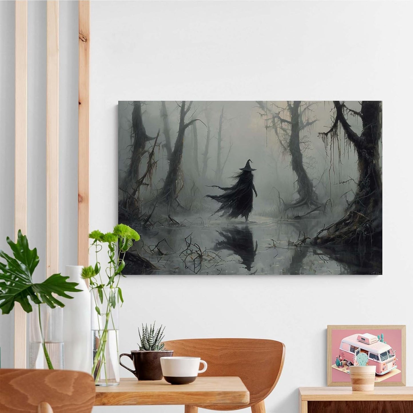 Vintage rustic swamp witch poster dark moody wall art gothic horror season halloween print for home decor retro dark moody painting8x12in Wood Framed