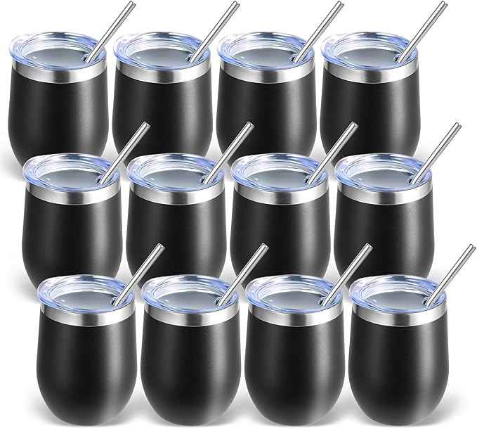 Volhoply 12oz Stainless Steel Wine Tumbler with Lid Bulk 12 Pack,Double Wall Vacuum Stemless Wine Glasses,Reusable Metal Travel Coffe Mug with Straw,Insulated Cups Gifts for Christmas（Black,12 Set）