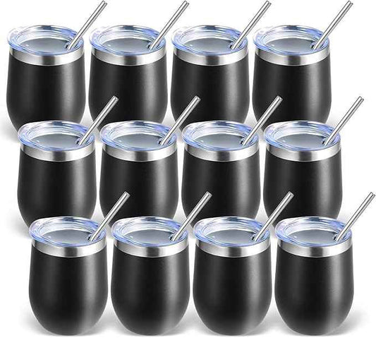 Volhoply 12oz Stainless Steel Wine Tumbler with Lid Bulk 12 Pack,Double Wall Vacuum Stemless Wine Glasses,Reusable Metal Travel Coffe Mug with Straw,Insulated Cups Gifts for Christmas（Black,12 Set）