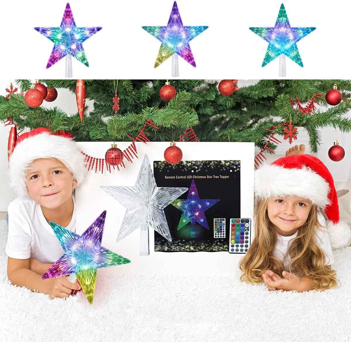 Christmas Tree Topper, FISHOPE LED 24 Modes Color Changing 9.5" Christmas Tree Toppers Star Lighted, Remote Controller Multicolor Christmas Decorations USB Powered for Xmas Holiday Party Gift Décor
