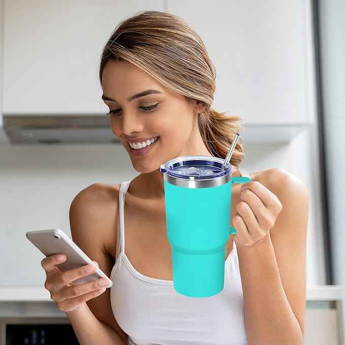 20 oz Tumbler with Handle, insulated cup coffee mug with lid, straw and handle, Double Wall Stainless Steel Vacuum Coffee Tumbler travel mug spill proof, 1pcs Light Green