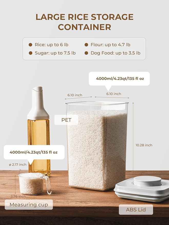 Airtight Food Storage Containers with One-Hand Pop Lid, 4-Pack 4.22Qt Large Modular Organizers with Measuring Scoops, BPA-Free Containers for Rice, Flour, Baking Supplies, Snacks & Laundry Pods