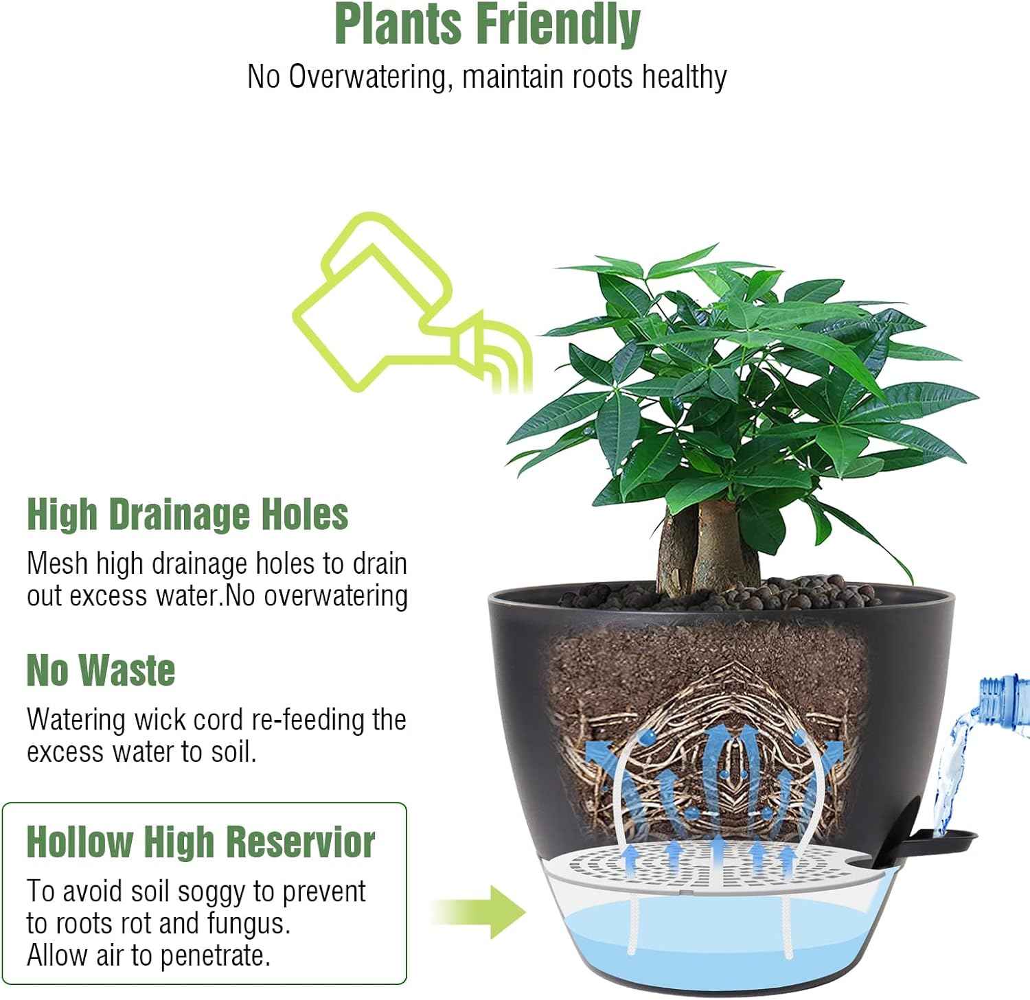 UOUZ 12 inch Large Self Watering Pots, Plastic Planters with 60oZ Removable Deep Reservoir and Multi Mesh Drainage Holes for Indoor Outdoor Garden Plants and Flowers, Black