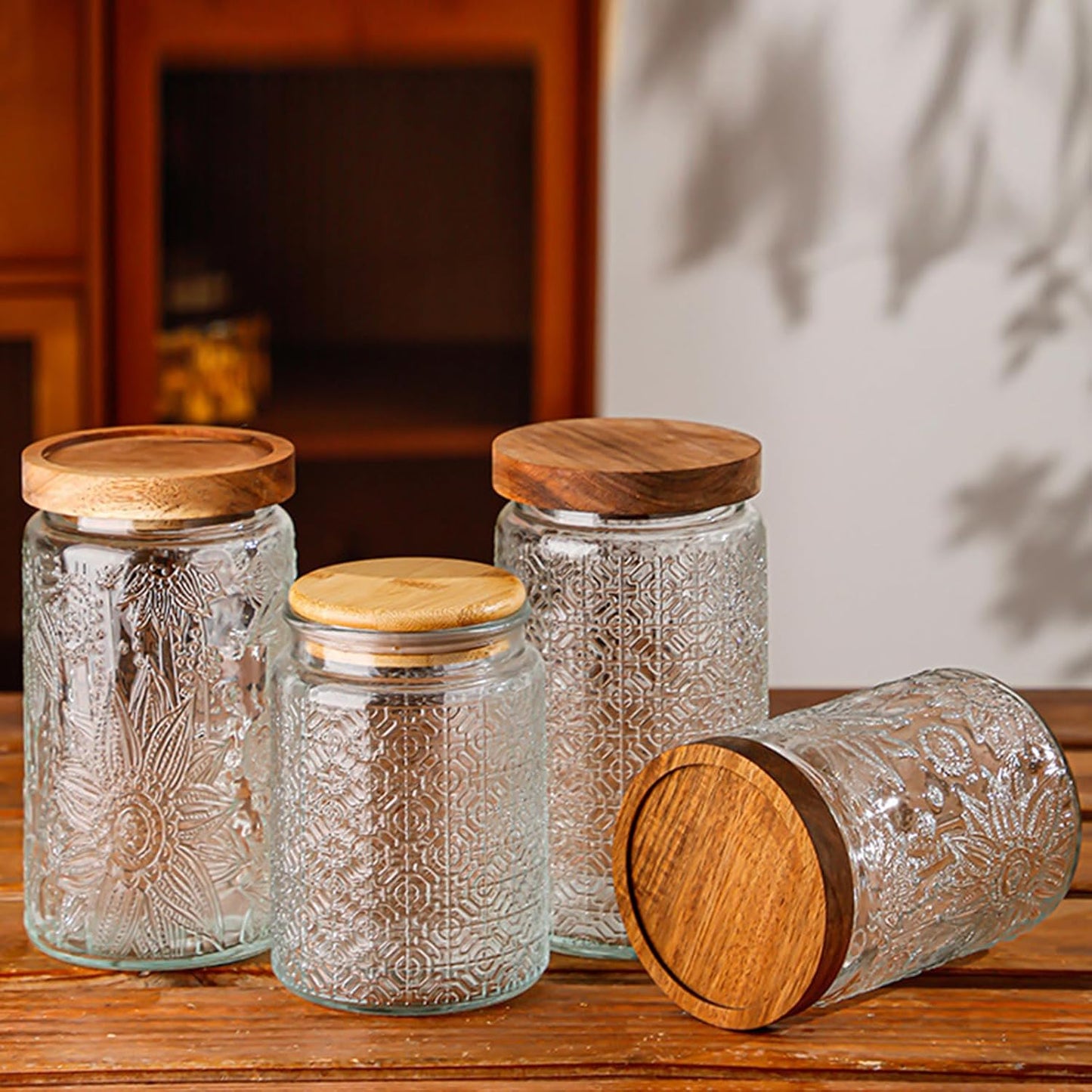 Vintage Glass Jars with Wooden Lids, 2 Pack 34 oz Airtight Glass Food Storage Containers Sets for the Kitchen, Sugar Coffee Candy Spice Cookie Tea Pasta