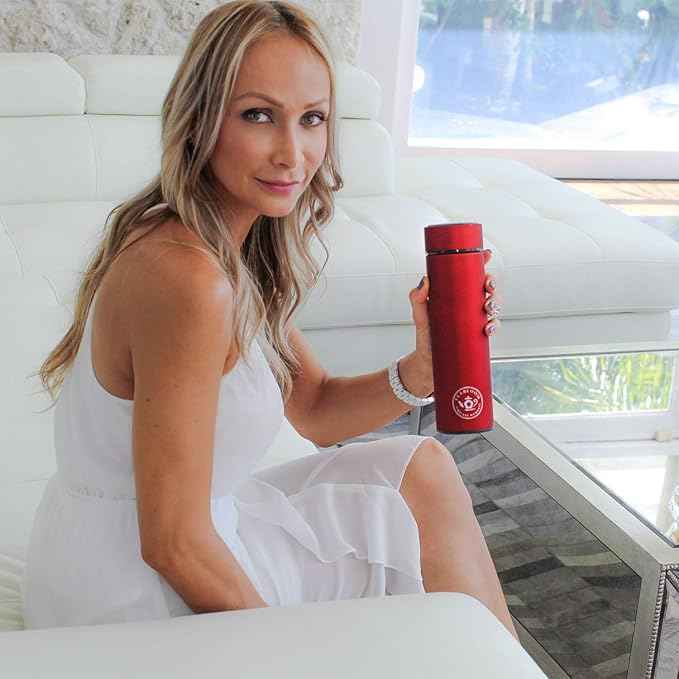 Teabloom ORIGINAL All-Purpose Beverage Tumbler - 16 oz - 480 ml - Brushed Metal Insulated Water Bottle/Tea Flask/Cold Brew Coffee Mug - Extra-Fine Two-Way Infuser Travel Bottle - Ruby Red