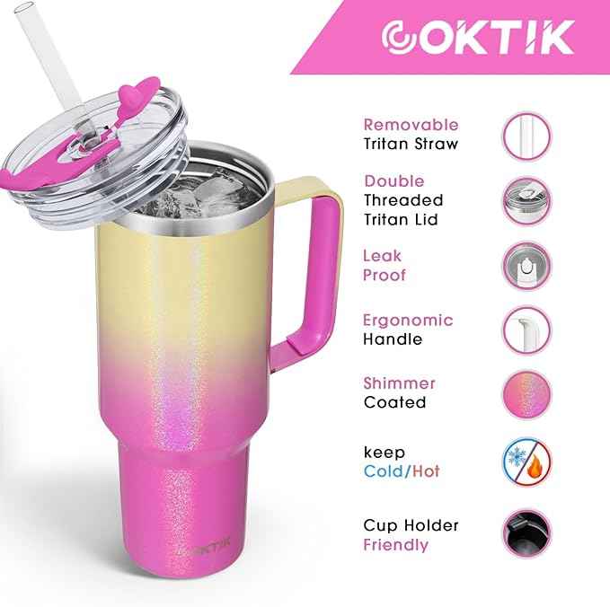 COKTIK 40 oz Tumbler With Handle and Straw, Insulated Tumbler With Leakproof Lids, Stainless Steel|BPA-Free, Cold for 24 H (Glitter Rainbow)