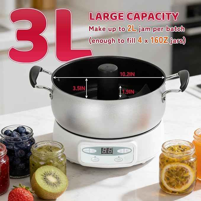 Automatic Jam and Jelly Maker 1000W, Electric Jam Jelly & Sauce Machine 2L Per Batch (≈4 x 16OZ), Electric Pot Stirrer Machine Non-Stick Self Stirring Pot BPA-Free, Replace Ball Fresh Jam Maker