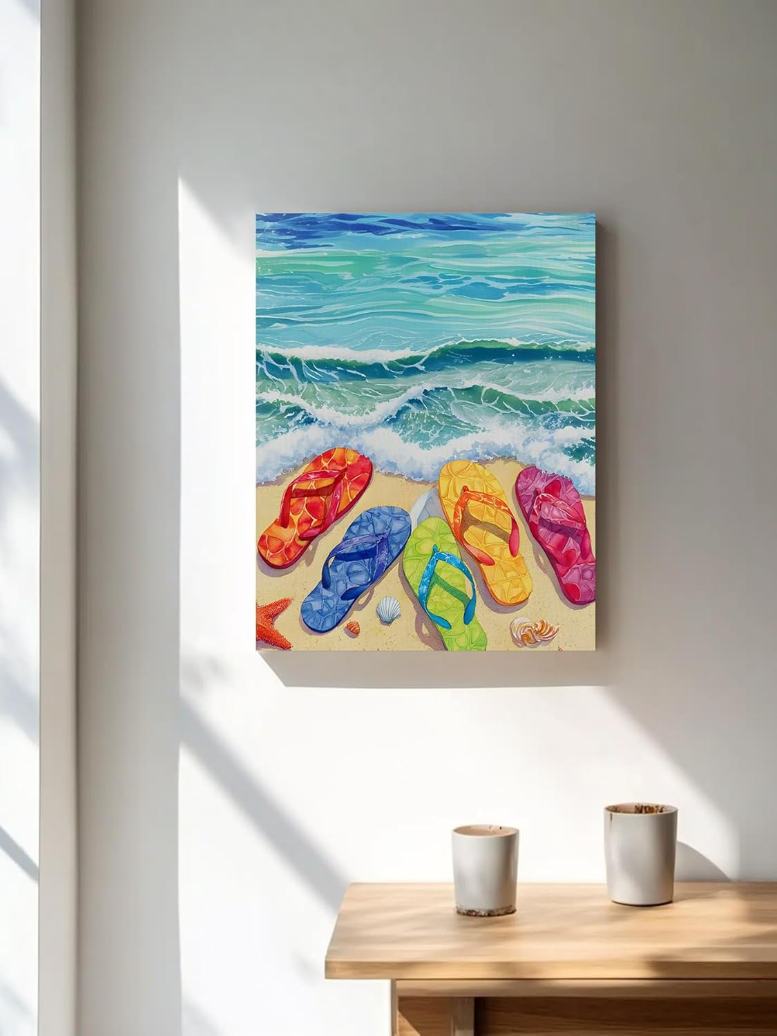 Watercolor Ocean Beach Slippers Canvas Wall Art Prints,Picture Wall Decor Paintings Sailing Boat Summer Vacation Framed Artwork for Living Room Bedroom Bathroom Office 48"x36",Ready to Hang