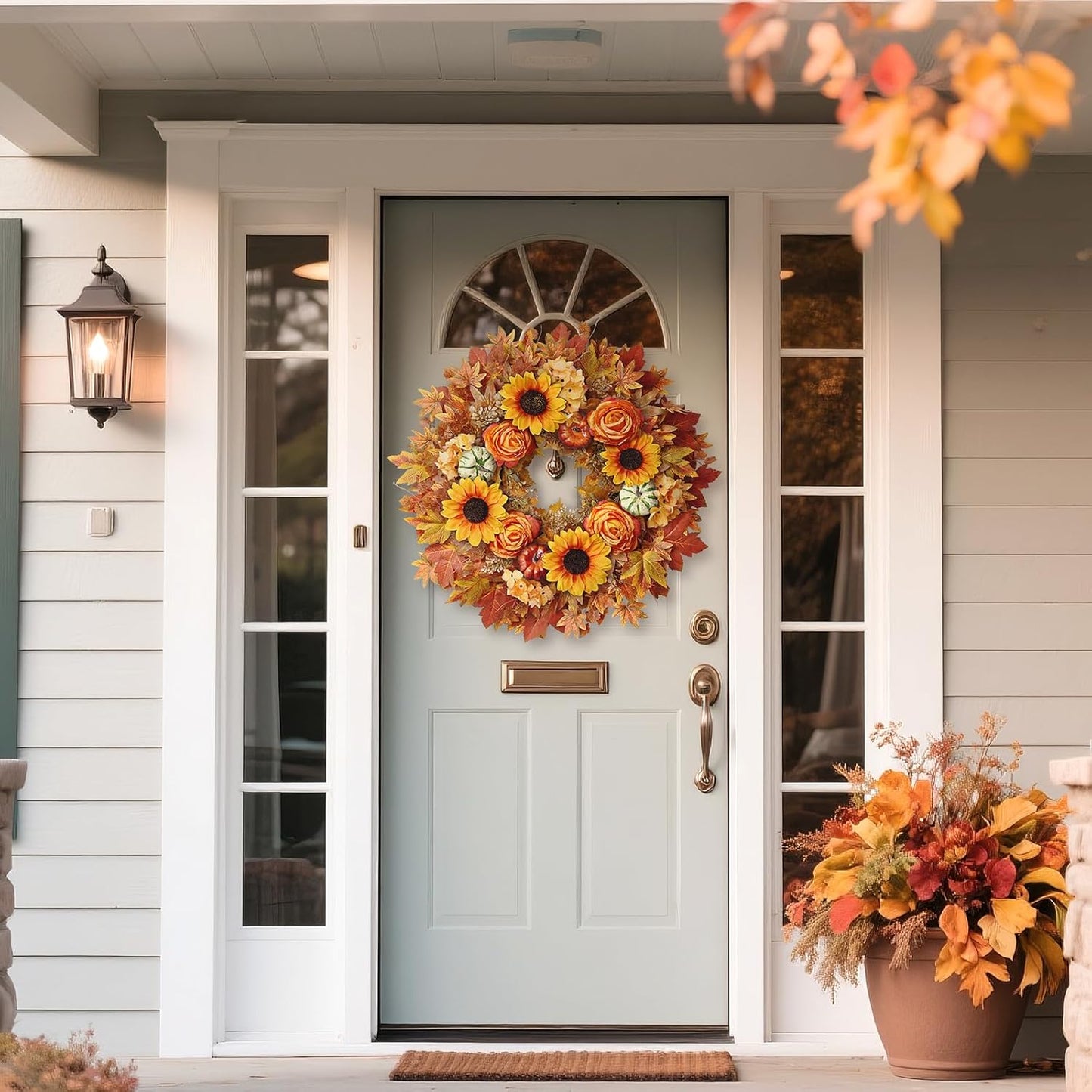 28'' Large Fall Wreath for Front Door, Porch, Window- Artificial Maple Leaves Fake Pumpkins Faux Rose Sunflower Outdoor Autumn Wreath for Home, Farmhouse Wall Thanksgiving Day Harvest Festival Decor
