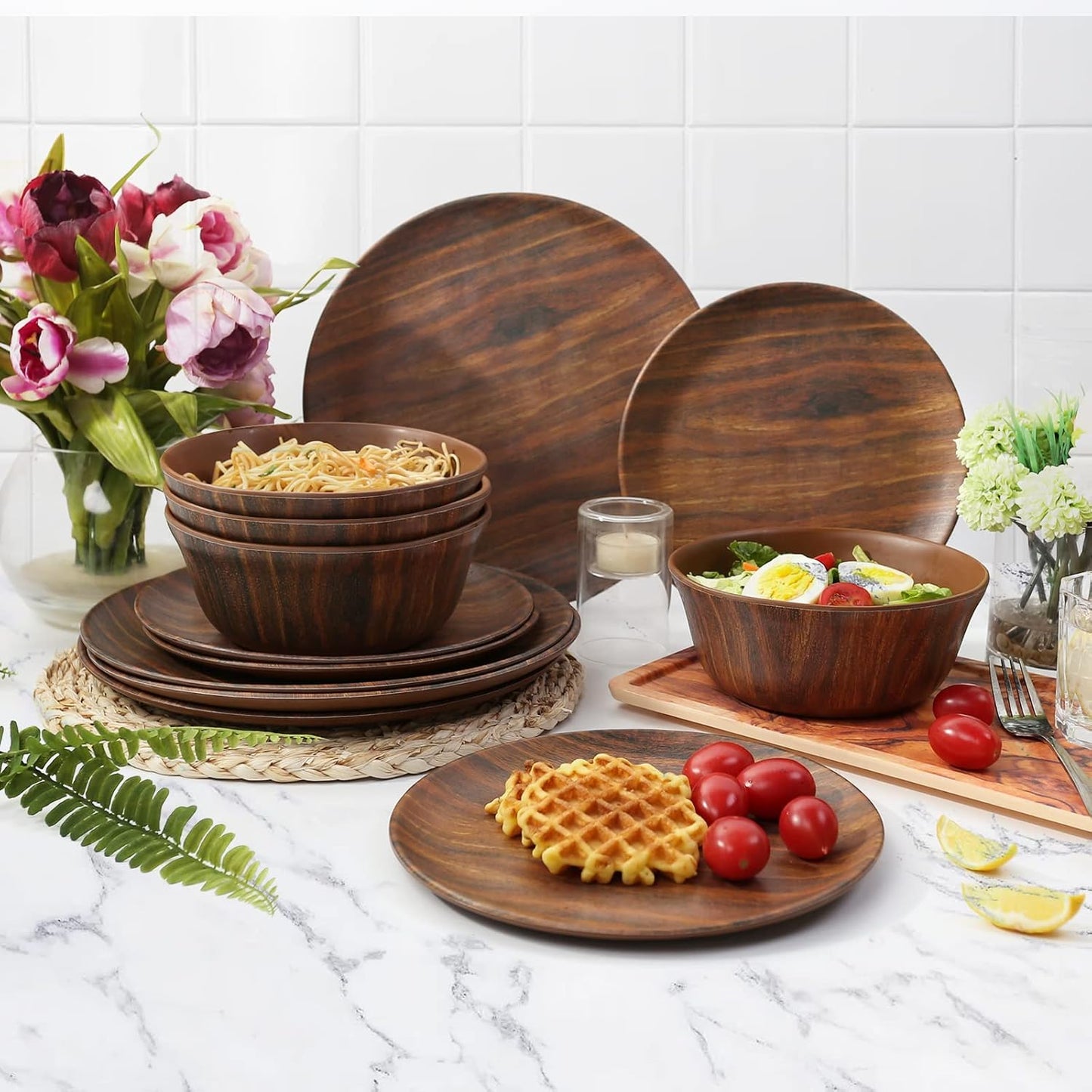 TP 12-Piece Melamine Dinnerware Sets, Plates and Bowls Dishes Set for 4, Break-Resistant & Non-Microwavable, Lightweight Dinner Plates, Wood Grain