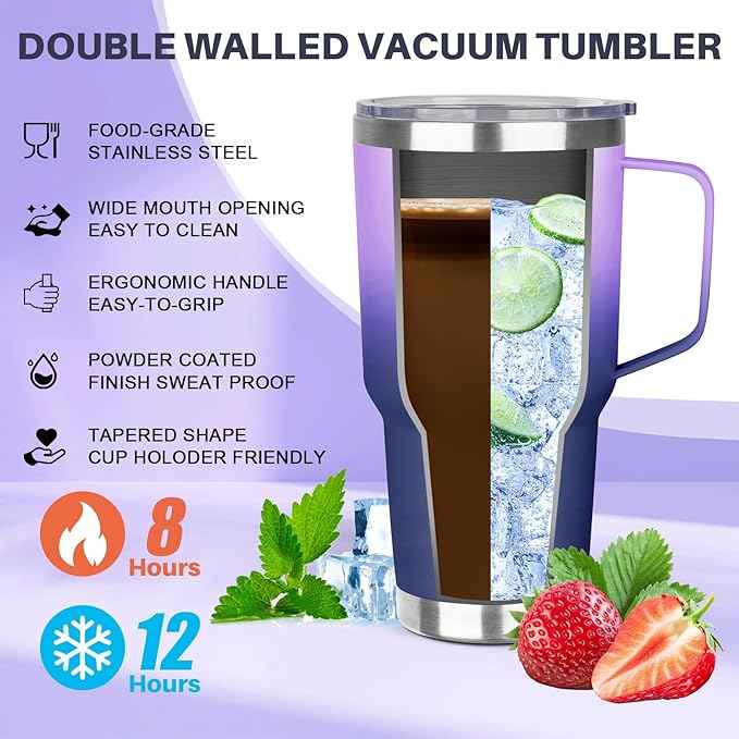 30 oz Stainless Steel Tumbler with Handle, Double Wall Vacuum Insulated Coffee Mug Tumbler with Lid and Straw, Thermal Cup for Cold and Hot (Purple Navy Blue)