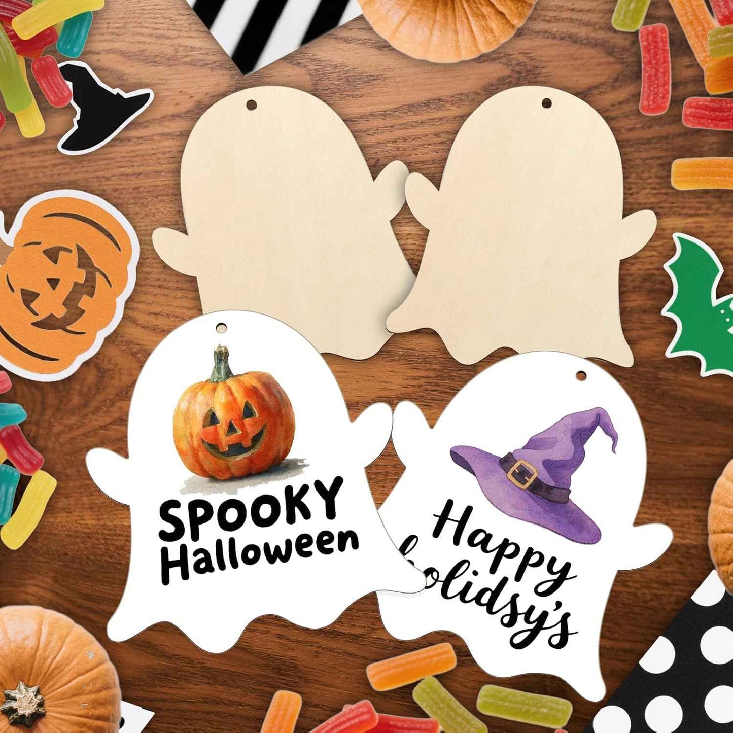 Large Size 7'' Wooden Halloween Ornaments to Paint 30 Pcs DIY Blank Unfinished Ghost Wooden Cutouts with Twines for Halloween Thanksgiving Day Fall Party