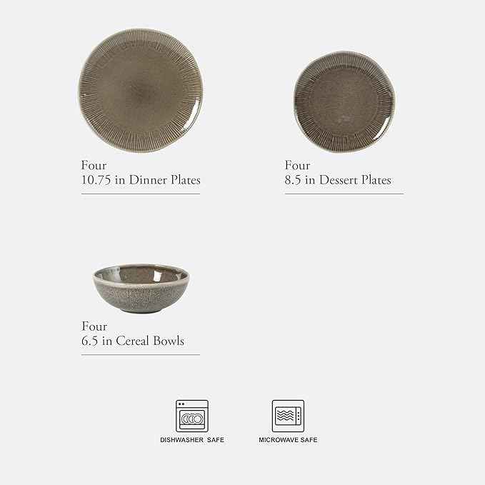 Gibson Elite Sandy Pines Stoneware Plates and Bowls Set - 12 Piece Reactive Glaze Dinnerware Set - Service for 4 - Dishwasher and Microwave Safe - Brown