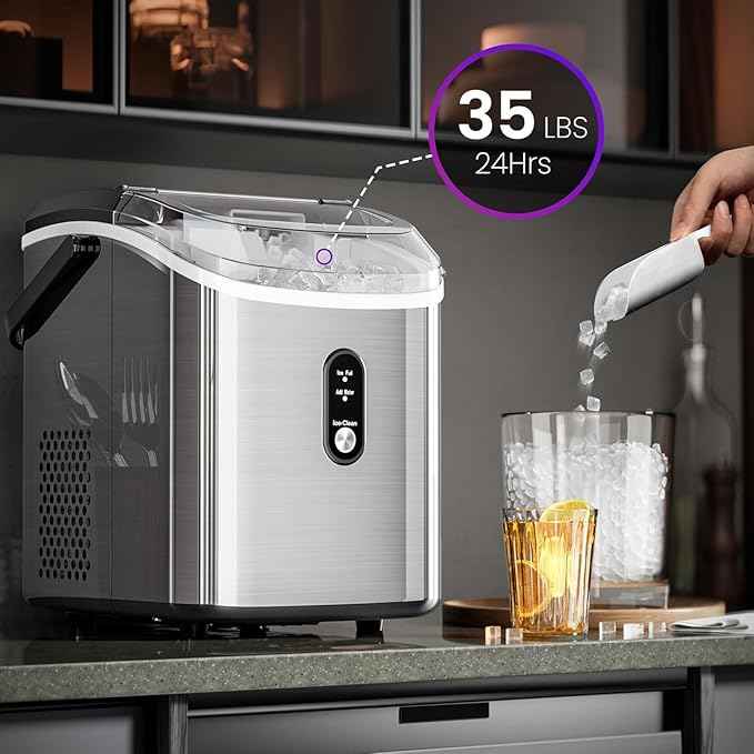 Kismile Nugget Ice Makers Countertop,35Lbs/24H,Portable Sonic Ice Machine with Self-Cleaning,One-Click Operation for Home/Office(Stainless Steels Silver)