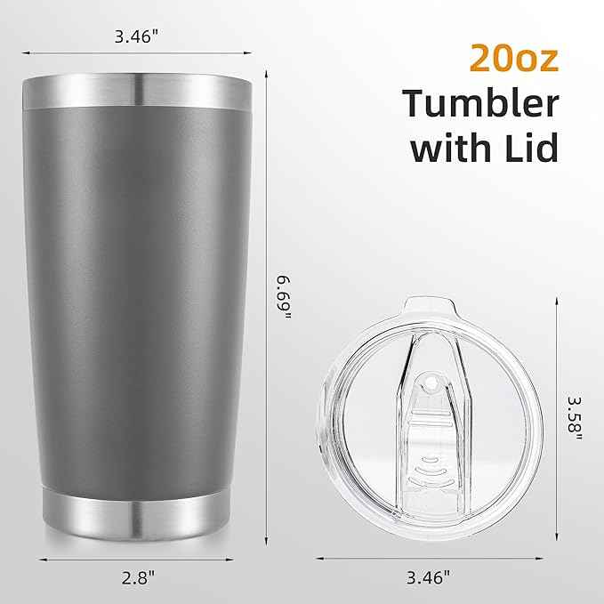 20 oz Tumbler Bulk with Lid Stainless Steel Insulated Tumblers Double Wall Vacuum Coffee Mug Powder Coated Tumbler Cups for Cold and Hot Drinks, Grey, 6 pack