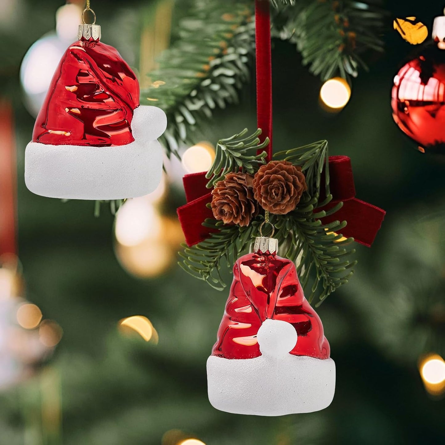 Hanging Christmas Ornaments 2025, Handcrafted Glass Blown Xmas Tree Decorations Holiday Ornaments Funny Gifts Collectible Winter Festival Decor for Home Party, Christmas Hat