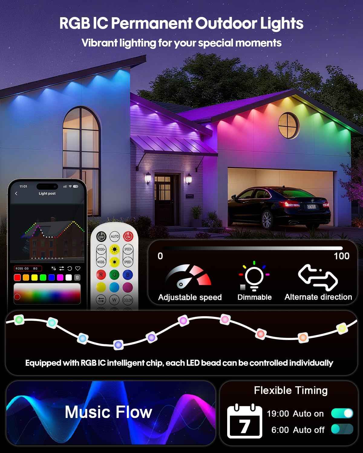 Super RGB Permanent Outdoor Lights 50FT, Smart RGB+IC Eave Lights with Remote APP Control, DIY LED Color Individual, White & Colorful Christmas String Light, IP67 Waterproof for House Outside Decor