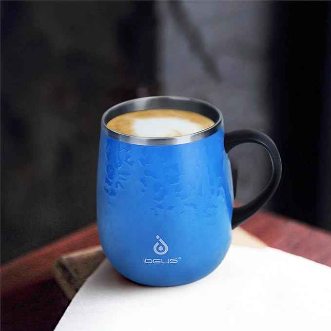 Ideus 16 oz (470 ml) Insulated Coffee Mug with Handle and Lid, Double Wall Stainless Steel Vacuum Thermal Coffee Mug, Travel Coffee Cup Thermal Cup for Home and Office (Leopard Blue)