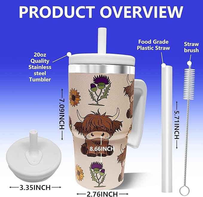 2PCS 20-OZ Insulated Water Bottle,Insulated Stainless Steel Tumbler,Reusable Cold Drink Thermos,BPA-Free, Double-Wall Stainless Steel Water Bottle (Cream-Higland cows, 20, Fluid Ounces)
