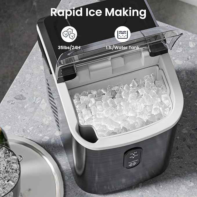 Antarctic Star Nugget Ice Makers Countertop with Self-Cleaning, 35lbs/24H, Portable Sonic Ice Maker Machine with Handle/Basket/Scoop for Home, Kitchen, Office, Camping(Stainless Steel Black)