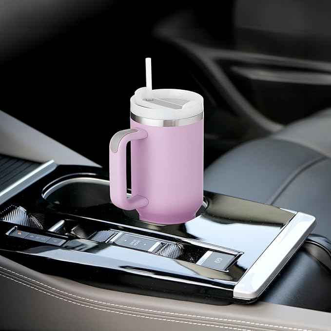 40oz Tumbler With Handle & Straw, Vacuum Insulated Stainless Steel Water Bottle With Leakproof Twist Sip Lid, Rubber Base, Dishwasher Safe, Cup Holder Friendly Travel Coffee Mug (Lilac)