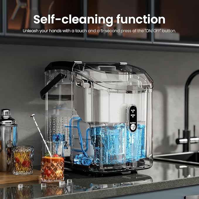 Kismile Nugget Ice Makers Countertop,35Lbs/24H,Portable Ice Machine with Crushed Ice,Self-Cleaning Function,One-Click Operation for Home/Office(Black)