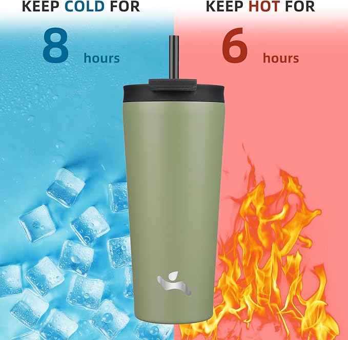 Konokyo 22 OZ Insulated Tumbler with Lid and 2 Straws Stainless Steel Water Bottle Vacuum Travel Mug Coffee Cup,ArmyGreen