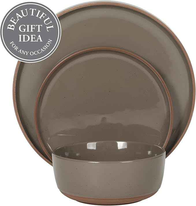 Gibson Elite Northrock Stoneware Dinnerware Set, 12-Piece Service for 4 Plates and Bowls Set – Gray Dishes with Hand-Painted Terracotta Base