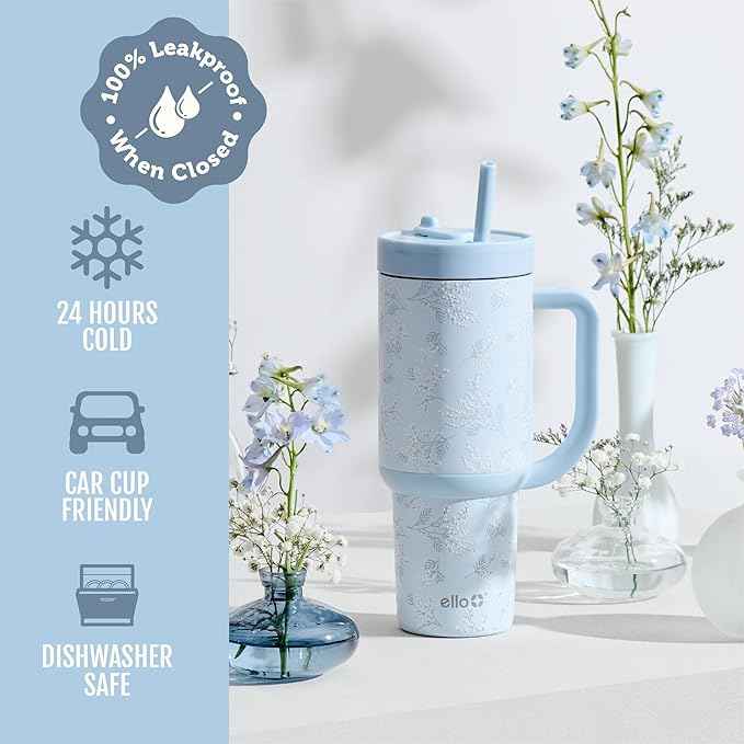 Ello Oasis 40 oz Tumbler with Handle & Retracting Straw | Reusable Insulated Stainless Steel Cup 100% Leakproof, Gifts for Teens Women Men | Keeps cold for 24 Hours, Cup Holder Friendly, Sweet Alyssum