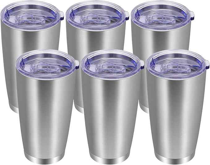 VEGOND 20oz Tumbler with Lid and Straw Stainless Steel Tumbler Cup Bulk Vacuum Insulated Double Wall Travel Coffee Mug Powder Coated Coffee Cup, Stainless, 6 Pack