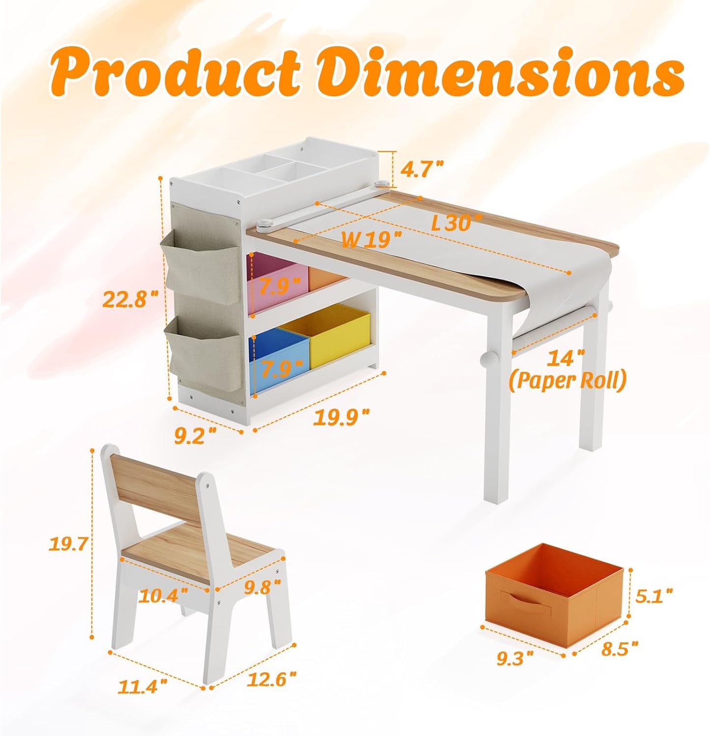 Kids Art Table and Chair - Toddler Craft Table and Chairs Set with 2 Chair & Bins, Large Storage Kids Activity Desk with Paper Roll for Playrooms & Classroom, 40" L x 20" W, Natural