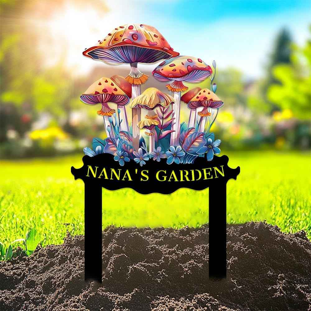 Custom Mushroom Garden Sign with Stake,Personalized Gardener Name Signs Yard Metal Art,Customized Gardening Housewarming Gifts Flowers Outdoor Decor,Butterfly Welcome Plaque for Outside Lawn Patio