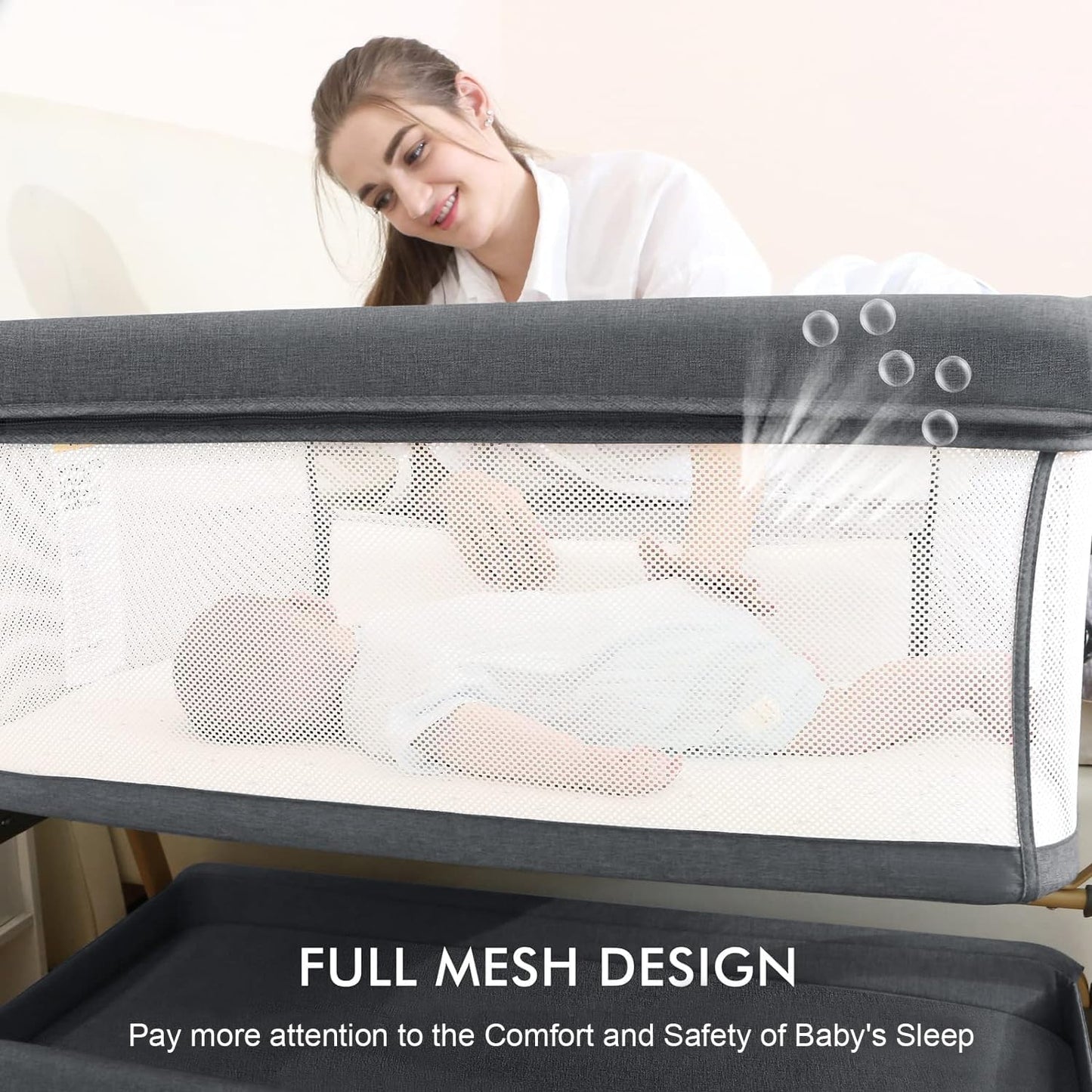 3 in 1 Baby Bassinet, Bedside Bassinet for Baby, Rocking Bassinet with Comfy Mattress and Wheels, 6 Height Adjustable Easy Folding Portable Bedside Crib for Newborn