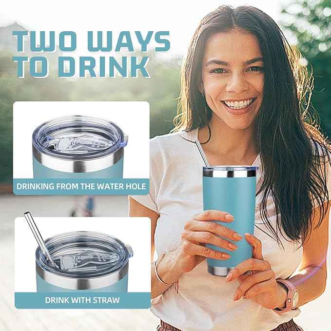 20 oz Tumbler with Lids and Straws, Stainless Steel Insulated Travel Coffee Mug, Double Wall Vacuum Insulated Tumblers, Powder Coated Coffee Tumbler for Cold & Hot Drinks (Azure Blue)