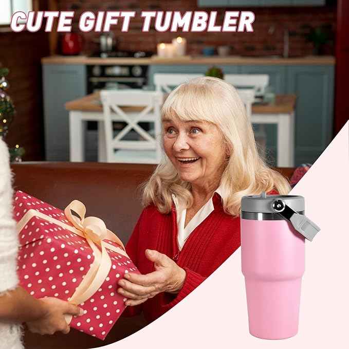 20 oz Tumbler with Handle, Insulated Tumbler with Lid and Flip Straw Leak Proof Double Wall Stainless Steel Vacuum Travel Coffee Mug Insulated Water Bottle Thermal Cup, Cupholder Friendly, Pink