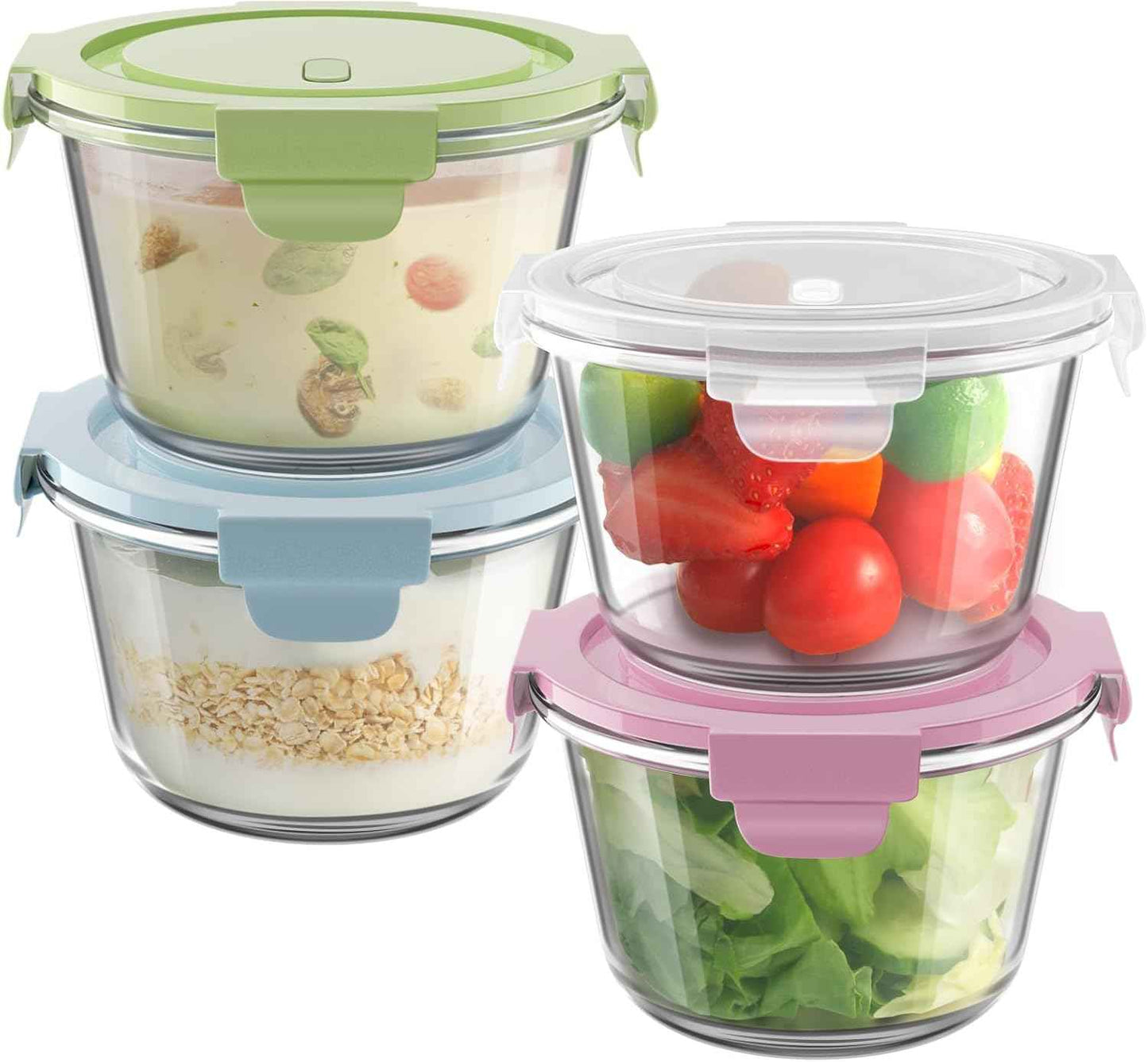 16oz Glass Meal Prep Containers, Airtight 2 Cup Glass Storage Containers with Lids, Heat-Resistant BPA-Free Borosilicate Glass Soup Container for Leftover, Microwave, Dishwasher&Freezer Safe (4 Packs)