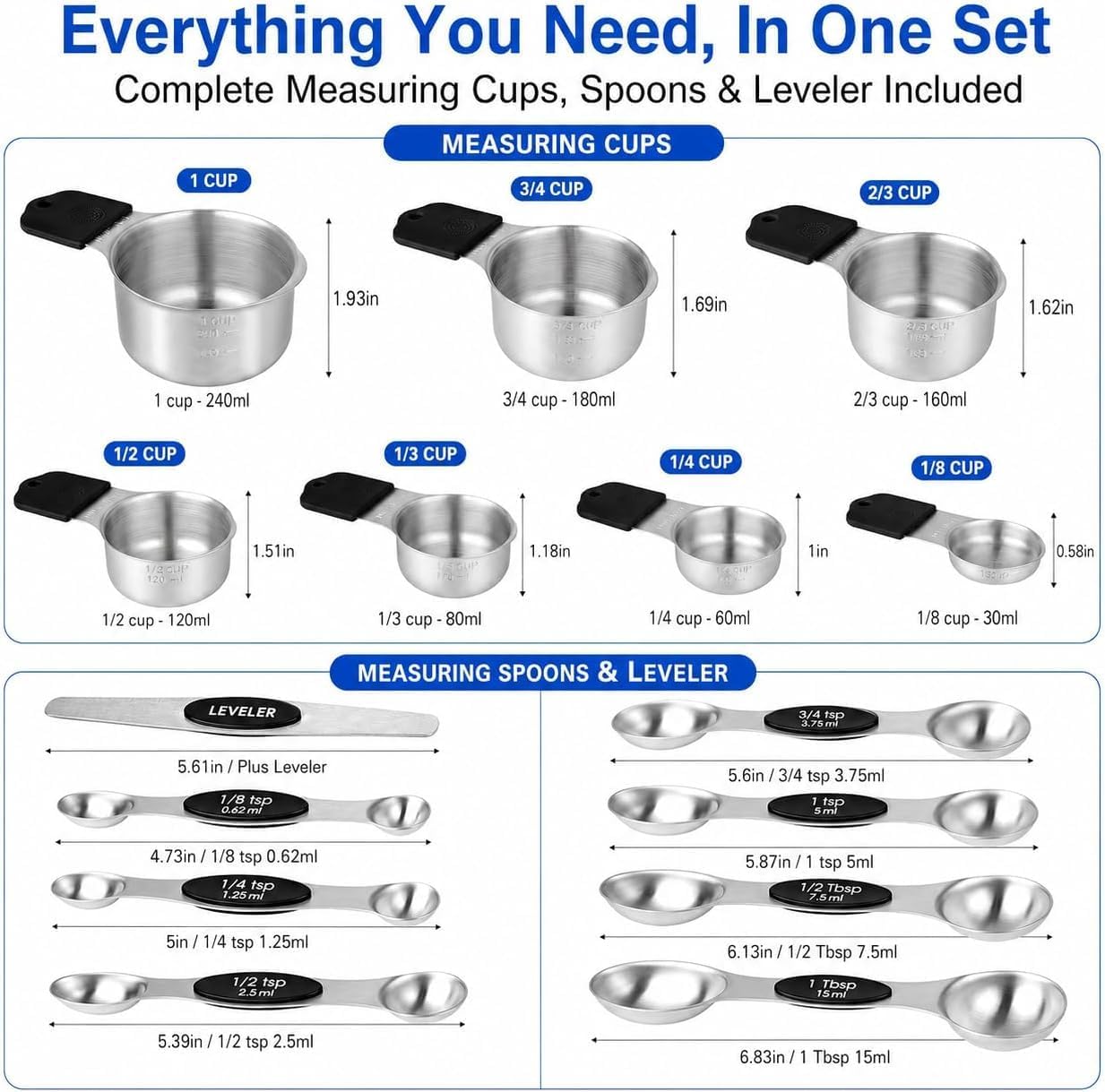 Magnetic Measuring Cups & Spoons Set, Strong N45 Magnets, Heavy Duty Stainless Steel Fits in Spice Jars for Baking & Cooking, BPA Free, Round Set of 15 with Leveler,Dark Black